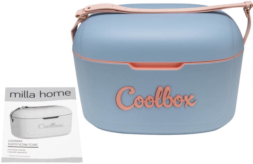 Lodówka turystyczna MILLA HOME TC300 Lodówka turystyczna Milla Home Coolbox TC300 w kolorze błękitno-różowym wraz z instrukcją obsługi na białym tle.