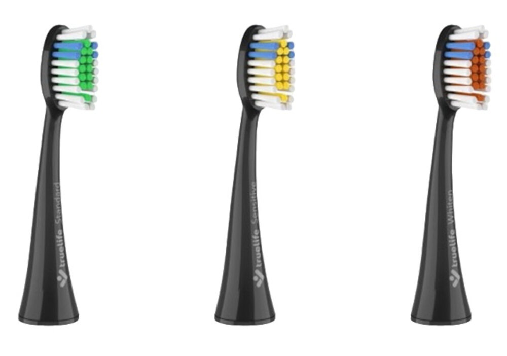 Szczoteczka soniczna TRUELIFE SonicBrus K150 UV Czarny Przemyślane dodatki 3 końcówki Standard, Sensitive i Whiten potrzeby pielęgnacja od codziennej pielęgnacji po wybielanie i delikatne czyszczenie moment wymiany końcówki niebieski wskaźnik