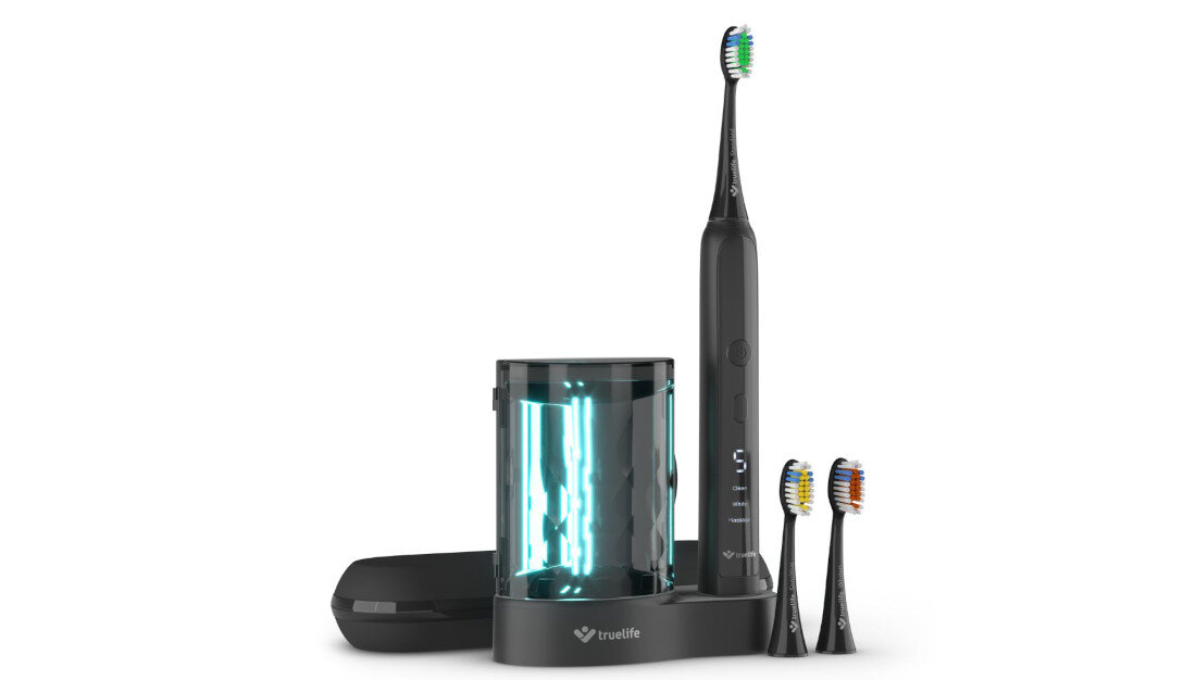 Szczoteczka soniczna TRUELIFE SonicBrus K150 UV Czarny Zawsze gotowa do działania Funkcja pamięci Czasomierz czas zalecenia 4 równe części lekkie etui
