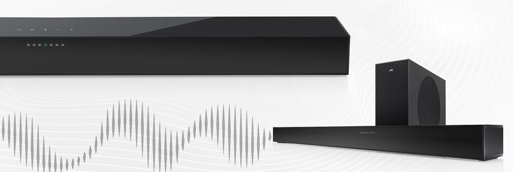 Soundbar JVC TH-E434B system 2.1 bezprzewodowy subwoofer kino domowe 200 W, soudbar wraz z subwooferem na szarym tle