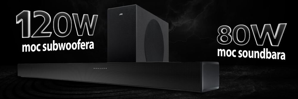 Soundbar JVC TH-E434B 2.1 200 W bezprzewodowy subwoofer mocny bas dialogi, soudbar wraz z subwooferem na czarnym tle