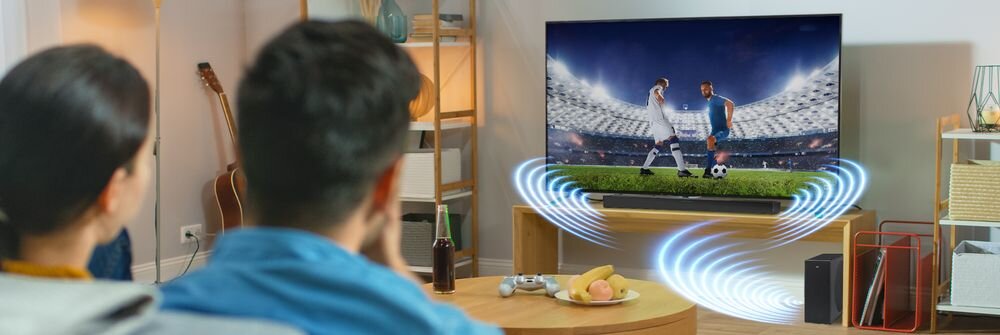 Soundbar JVC TH-E434B Bluetooth 5.3 bezprzewodowe odtwarzanie muzyki, soudbar stojący na stoliku pod telewizorem