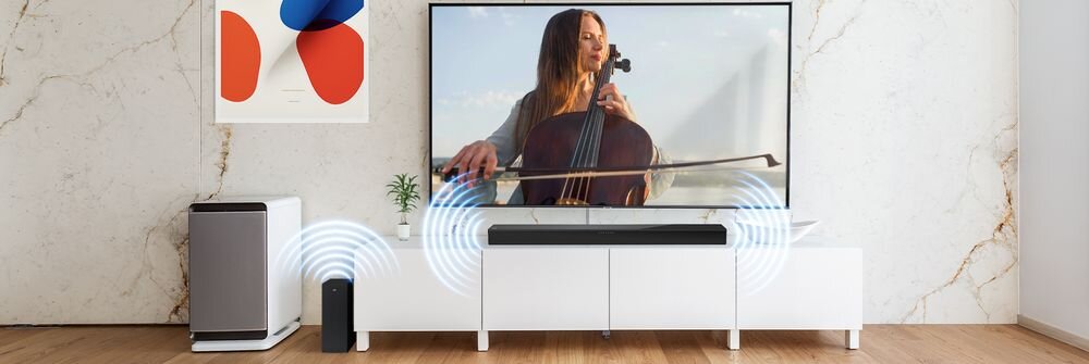 Soundbar JVC TH-E434B 87 cm montaż ścienny uchwyt akcesoria, soudbar stojący na komodzie pod telewizorem