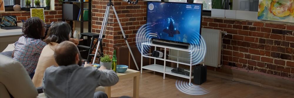 Soundbar JVC TH-E434B korektory dźwięku pilot sterowanie, soudbar stojący na stoliku pod telewizorem