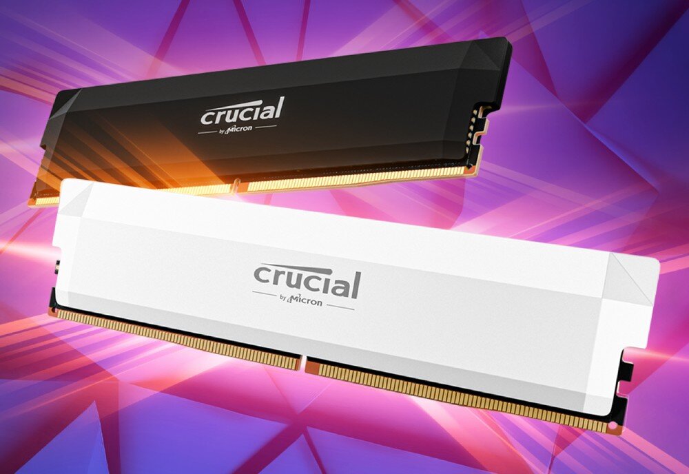 Pamięć RAM CRUCIAL 16GB 6000MHz CP16G60C36U5W Moduły pamięci w kolorze białym i czarnym unoszące się na tle w odcieniach różu i fioletu, radiator, kolor, wygląd