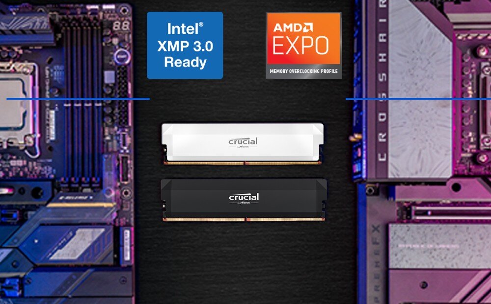 Pamięć RAM CRUCIAL 16GB 6000MHz CP16G60C36U5W Dwa moduły pamięci ustawione obok siebie na tle dwóch różnych płyt głównych, z ikonami 'Intel XMP 3.0 Ready' i 'AMD EXPO', podkręcenie, profile Intel XMP 3.0, AMD EXPO