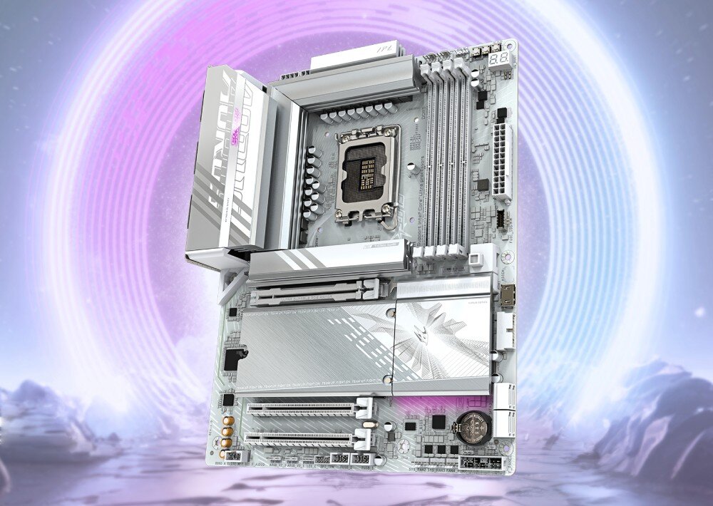 Płyta główna GIGABYTE B860 Aorus Elite WiFi 7 Ice Płyta główna w białej kolorystyce z dużymi srebrnymi radiatorami umieszczona na tle abstrakcyjnego fioletowo-niebieskiego portalu i arktycznego krajobrazu
