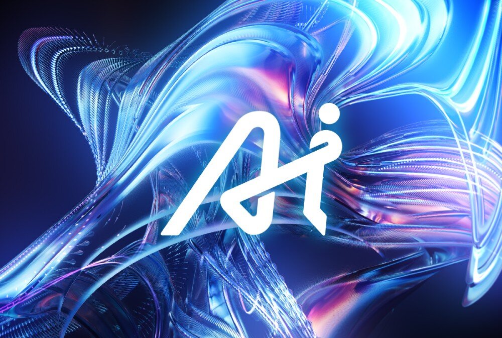 Płyta główna GIGABYTE B860 Aorus Elite WiFi 7 Ice Biały logotyp składający się z liter 'A' i 'I' połączonych w jedną linię na tle abstrakcyjnych błękitnych i fioletowych smug światła