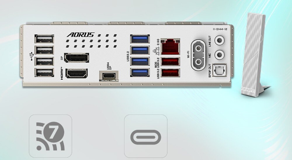 Płyta główna GIGABYTE B860 Aorus Elite WiFi 7 Ice Widok na tylny panel portów płyty głównej zawierający liczne złącza USB, HDMI, DisplayPort, gniazdo sieciowe oraz antenę Wi-Fi obok