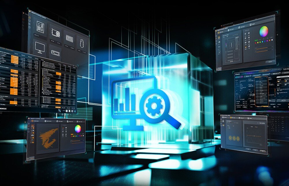 Płyta główna GIGABYTE B860 Aorus Elite WiFi 7 Ice Grafika przedstawiająca centralną ikonę monitora z kołem zębatym otoczoną przez lewitujące okna interfejsu oprogramowania do zarządzania komputerem