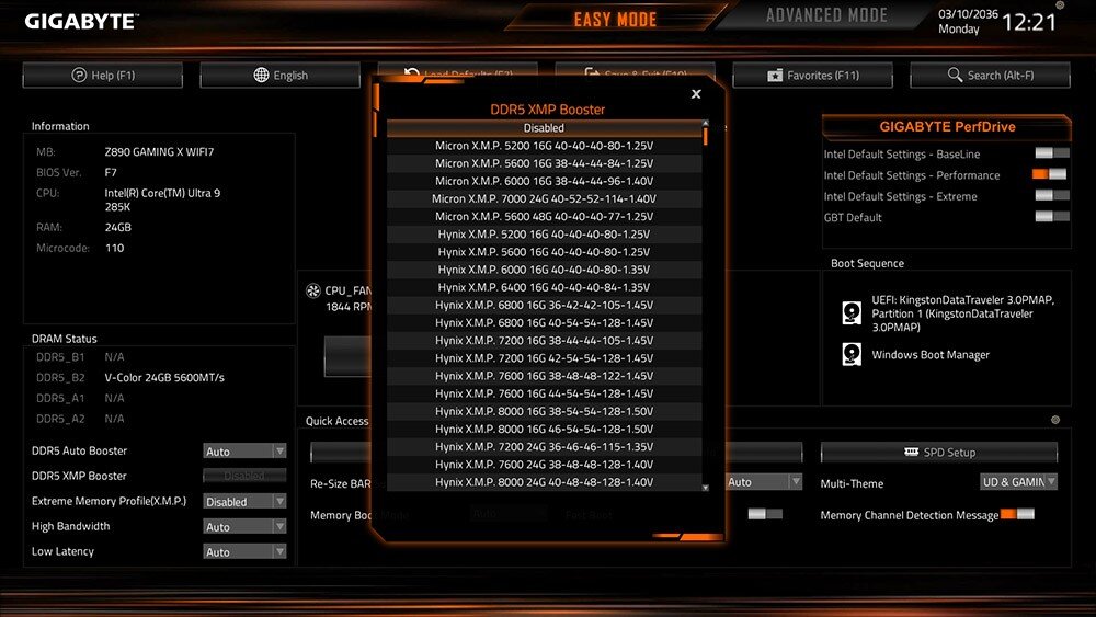 Płyta główna GIGABYTE B860 DS3H WiFi6E Zrzut ekranu z menu BIOS w trybie Easy Mode. Na środku widoczne jest pomarańczowe okno 'DDR5 XMP Booster' z listą różnych profili ustawień pamięci operacyjnej od producentów Micron i Hynix