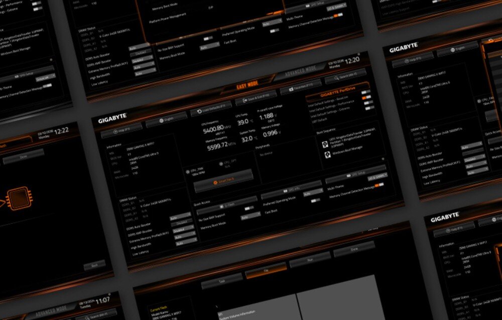 Płyta główna GIGABYTE B860 DS3H WiFi6E Zestawienie kilku zrzutów ekranu interfejsu BIOS, ułożonych obok siebie pod kątem. Dominują czarne i pomarańczowe barwy oraz wykresy i parametry techniczne podzespołów