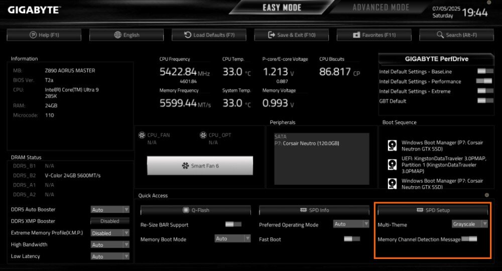 Płyta główna GIGABYTE B860 Eagle WiFi6E Zrzut ekranu z interfejsu BIOS przedstawiający parametry systemowe, takie jak temperatura CPU i częstotliwość pamięci, bios, narzędzia, motywy
