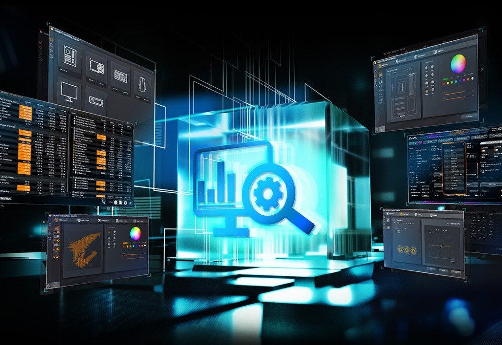 Płyta główna GIGABYTE B860M Aorus Elite WiFi6E grafika przedstawiająca niebieską ikonę monitora z kołem zębatym pośrodku, otoczoną wieloma ekranami z interfejsem oprogramowania i wykresami w futurystycznej scenerii