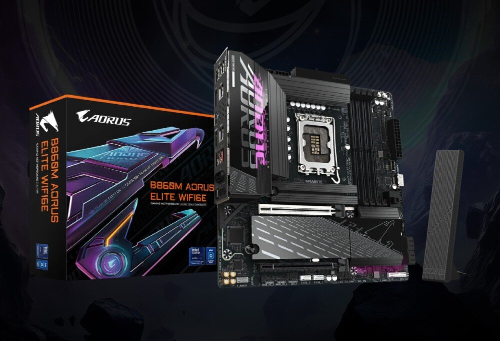 Płyta główna GIGABYTE B860M Aorus Elite WiFi6E płyta główna ustawiona obok pudełka z grafiką i napisem 'B860M Aorus Elite WiFi6E' na ciemnym tle