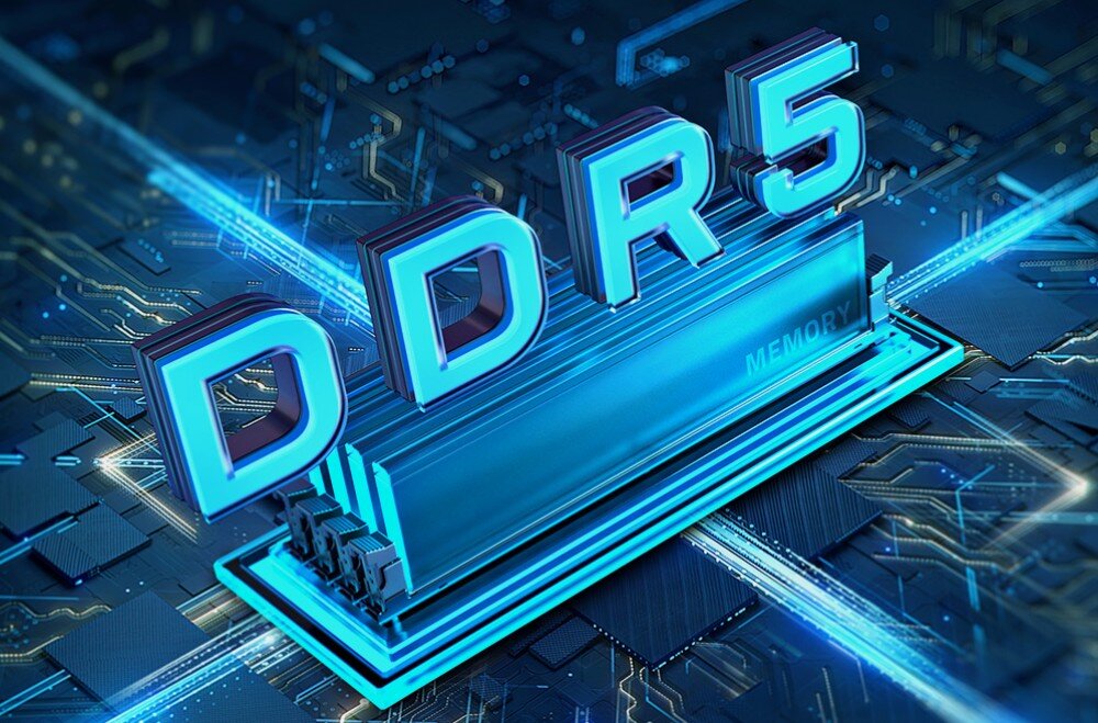 Płyta główna GIGABYTE B860 Gaming X WiFi6E Grafika 3D przedstawiająca moduł pamięci DDR5 z dużym napisem 'DDR5' unoszącym się nad płytą drukowaną z niebieskimi liniami świetlnymi, pamięć DDR5, wydajność, technologie