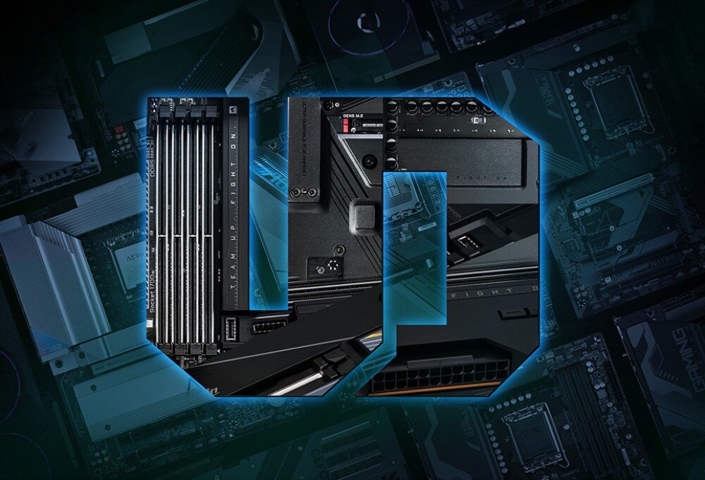 Płyta główna GIGABYTE B860 Gaming X WiFi6E Graficzny kolaż przedstawiający litery 'UD' złożone ze zdjęć płyty głównej z widocznymi slotami RAM, złączami i zasilaniem, konstrukcja, wzmocnienie, budowa