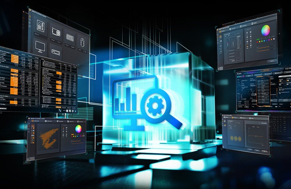 Płyta główna GIGABYTE B860 Gaming X WiFi6E Wizualizacja z oprogramowaniem pokazującym różne panele kontrolne i ustawienia systemowe na tle błękitnej grafiki przedstawiającej ikonę lupy na ekranie, ustawienia, personalizacja, oprogramowanie