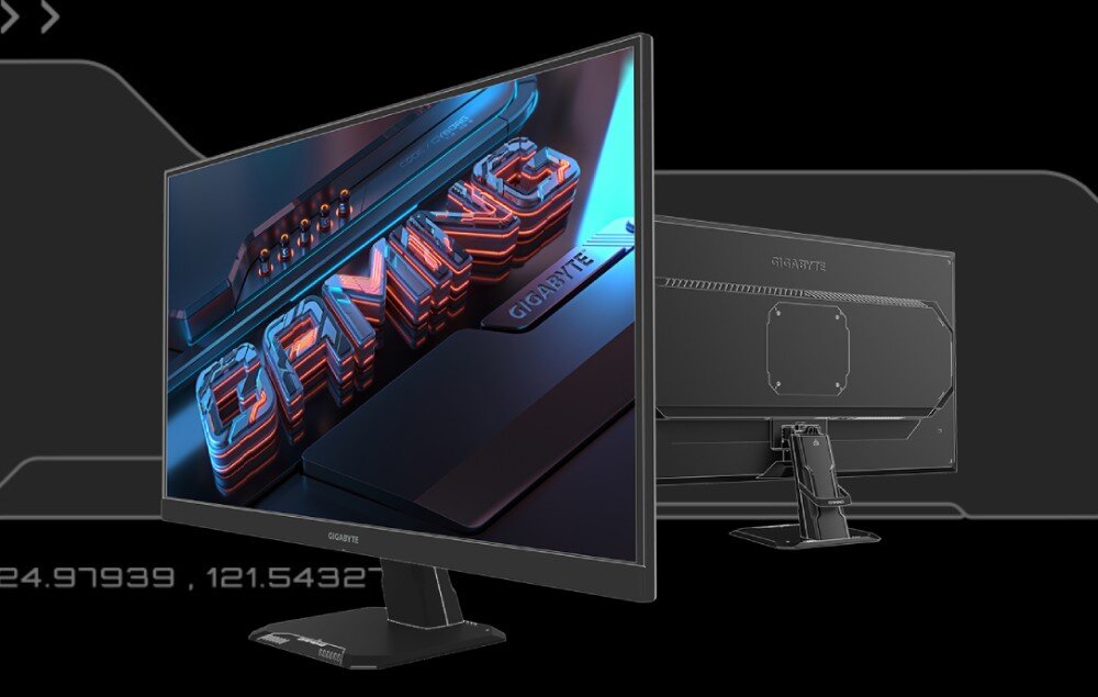 Monitor GIGABYTE GS27U Widok monitora z lewej strony oraz jego tyłu, pokazujący ekran z grafiką 'GAMING' oraz konstrukcję podstawy i miejsce montażu VESA, wyświetlacz, rozdzielczość, przekątna, matryca, widoczność