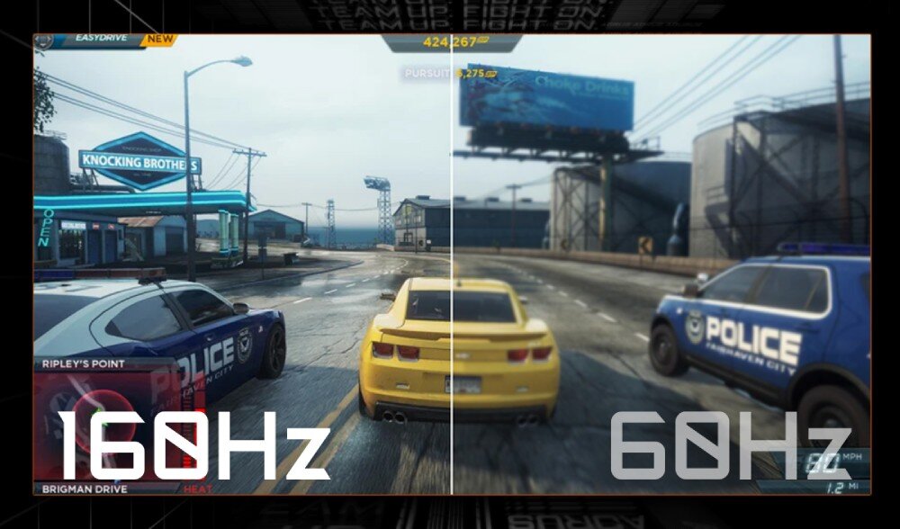 Monitor GIGABYTE GS27U Porównanie dwóch zrzutów ekranu z gry wyścigowej – po lewej obraz przy 160 Hz, wyraźny i płynny; po prawej ten sam kadr przy 60 Hz, mniej ostry i rozmazany, odświeżanie, płynność, szybkość reakcji, synchronizacja FreeSync