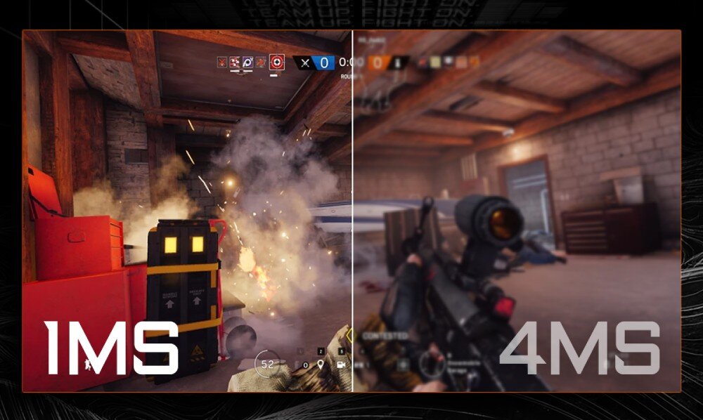 Monitor GIGABYTE GS27U Zestawienie dwóch obrazów z gry FPS – po lewej scena wybuchu z wyraźnymi detalami oznaczona '1MS', po prawej ta sama scena rozmyta i oznaczona '4MS', czas reakcji matrycy, opóźnienia