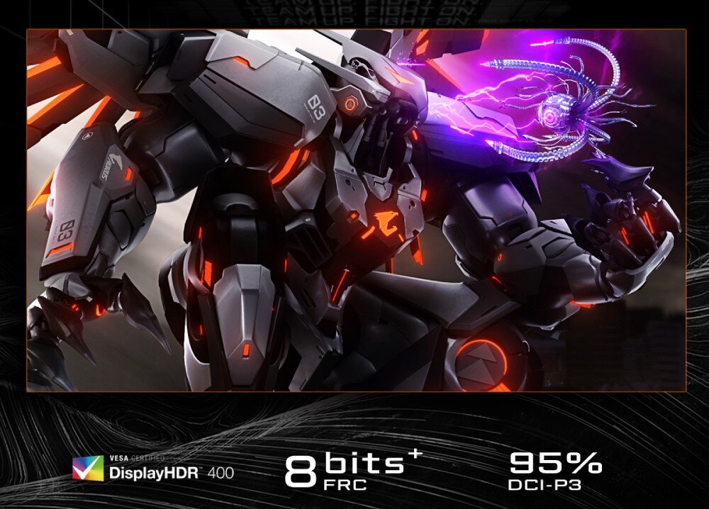 Monitor GIGABYTE GS27U Obraz przedstawiający postać futurystycznego robota z efektami świetlnymi, z ikonami oznaczającymi DisplayHDR 400, 8-bitową głębię koloru oraz 95% pokrycia DCI-P3, kolory, jakość, certyfikat pokrycie barw DCI-P3