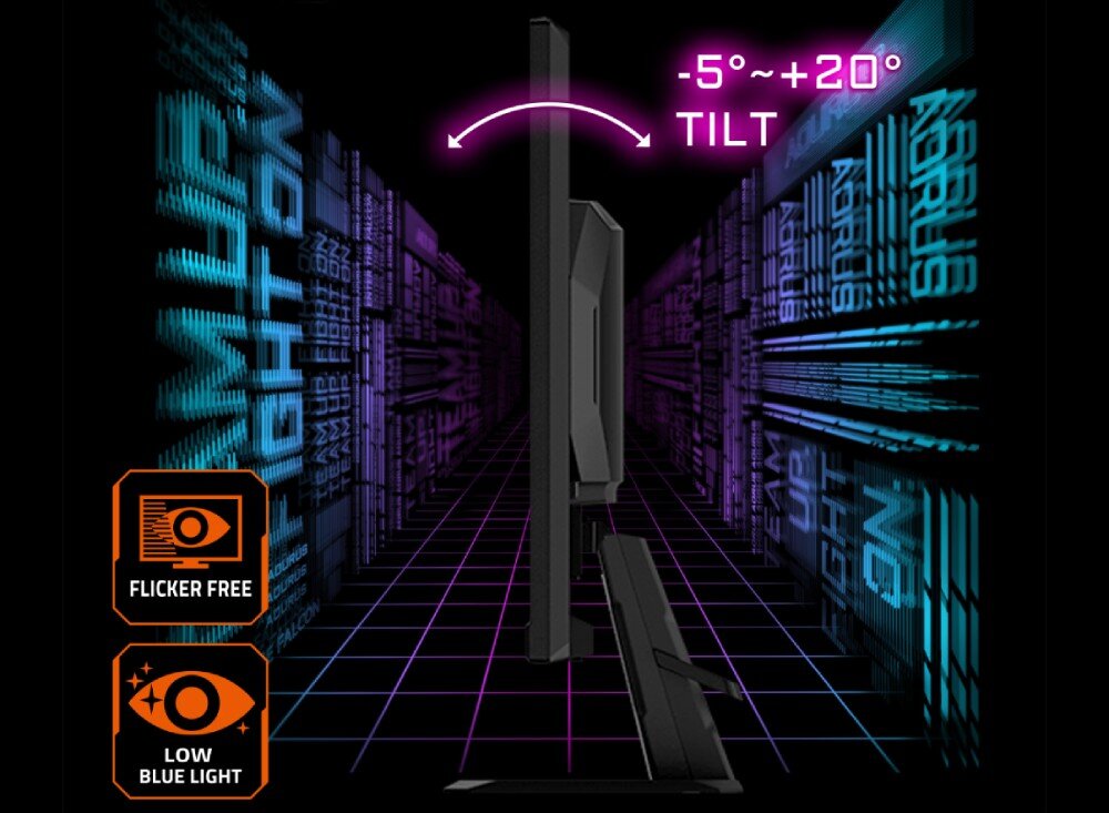 Monitor GIGABYTE GS27U Profil boczny monitora z zaznaczonym zakresem regulacji pochylenia od -5 do +20 stopni oraz ikonami funkcji ochrony wzroku – 'Flicker Free' i 'Low Blue Light', ergonomia, regulacja nachylenia, redukcja migotania, niebieskie światło