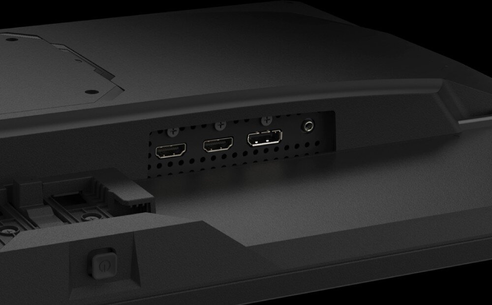 Monitor GIGABYTE GS27U Zbliżenie na tylny panel monitora z widocznymi portami: dwa złącza HDMI, jedno DisplayPort i wyjście słuchawkowe, porty, złacza, podłączenie, mocowanie VESA
