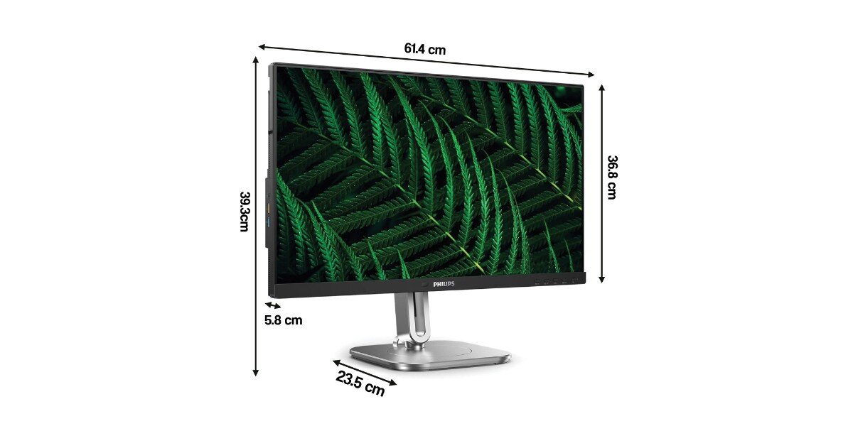 Monitor PHILIPS 27B2G5200/01 na białym tle - widoczne są wymiary monitora.