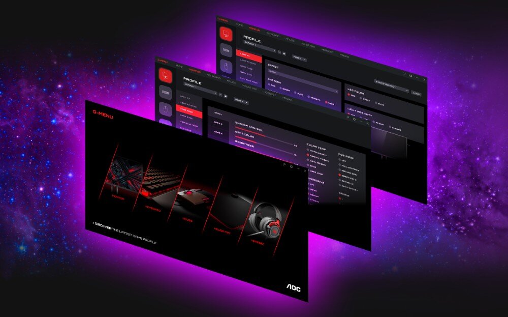 Monitor AOC Agon Pro AG346UCD Trzy nakładające się na siebie ekrany z interfejsem aplikacji 'G-Menu' do personalizacji ustawień sprzętu gamingowego, na tle fioletowej przestrzeni kosmicznej, aplikacja, funkcje, narzędzia
