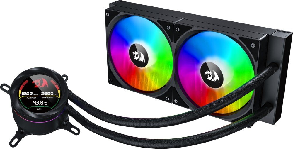 Chłodzenie wodne REDRAGON CCW-1019 240 RGB Zestaw chłodzenia cieczą z dwoma wentylatorami RGB i blokiem wodnym z ekranem LCD, na którym widnieją informacje o temperaturze CPU oraz prędkości wentylatora i pompy, opis