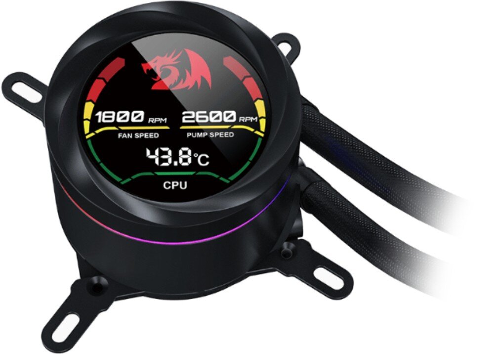 Chłodzenie wodne REDRAGON CCW-1019 240 RGB Zbliżenie na blok wodny z wyświetlaczem LCD, pokazującym temperaturę procesora oraz prędkość obrotową wentylatora i pompy, ekran, informacje