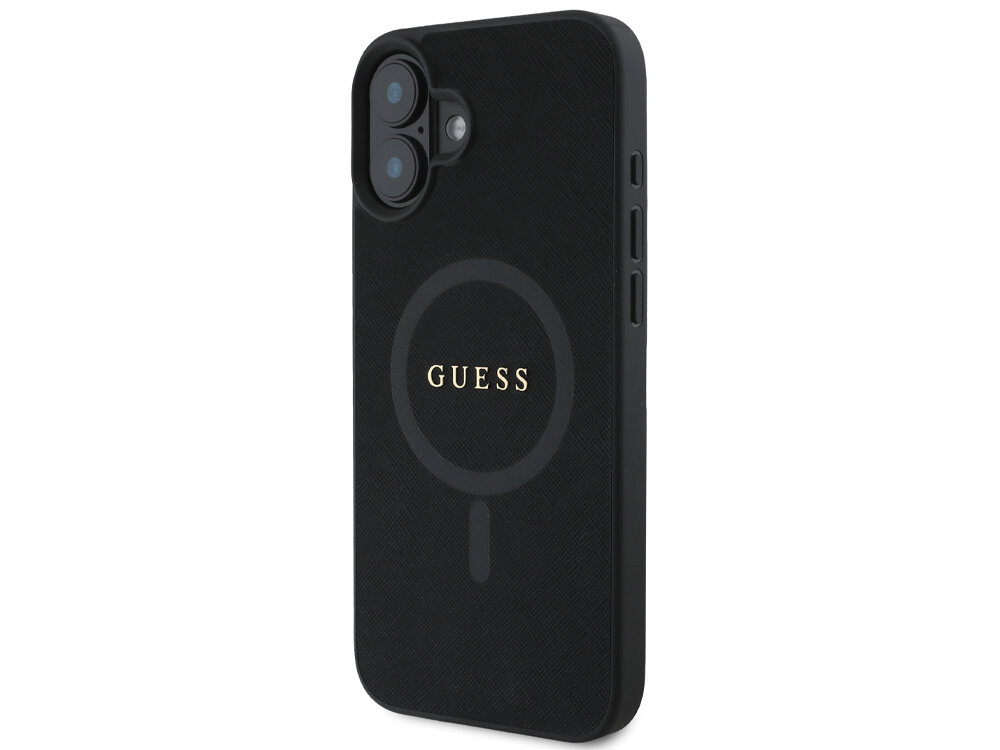 Etui GUESS Saffiano Classic delikatną skórą ekologiczną strukturze saffiano złote logo ochrania telefon Podniesione krawędzie