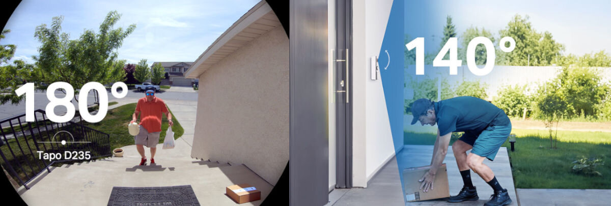 Wideodomofon TP-LINK Tapo D235 Bezprzewodowy Wi-Fi Czarny, jakość, 2k, 5 mp, 4:3, 2 zdjęcia w 1 przedstawiające zakres pola widzenia wideodomofonu