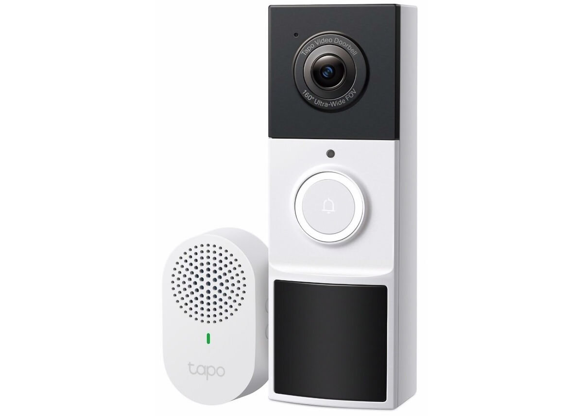 Wideodomofon TP-LINK Tapo D210 Wi-Fi Czarno-biały, obraz, roździelczość, pole, widzenia, na białym tle wideodomofon i dzwonek frontem prawo skos