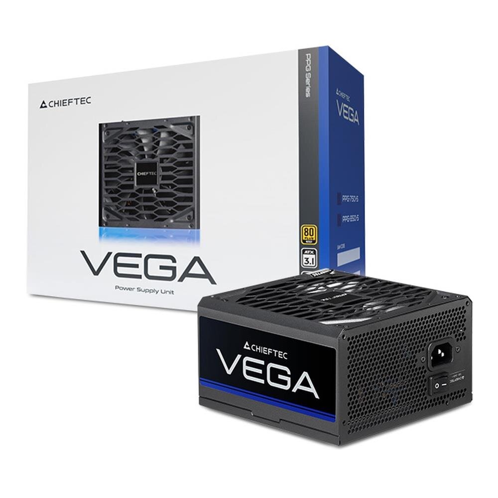 Na obrazie widoczny jest zasilacz komputerowy z serii Vega od firmy Chieftec oraz jego opakowanie. Na opakowaniu znajduje się napis \'VEGA Power Supply Unit\' oraz logo \'80 Plus Gold\'.