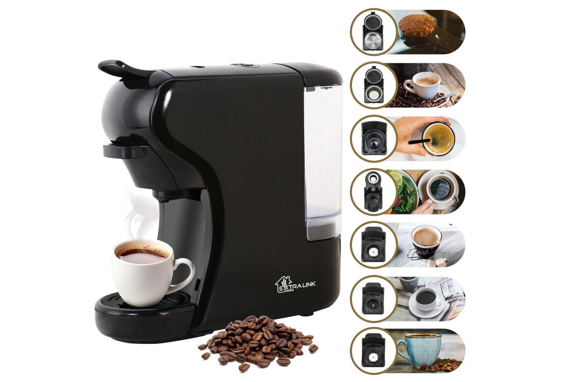 Ekspres EXTRALINK Home EX.38572 (3 systemy kapsułek) Różnorodność 7 wymiennych wkładek do kapsułóek Nespresso, Dolce Gusto, Lavazza Blue, Lavazza Modo Mio czy Caffitali swoboda wybór możliwości dopasowanie smak nastrój wiele opcji 