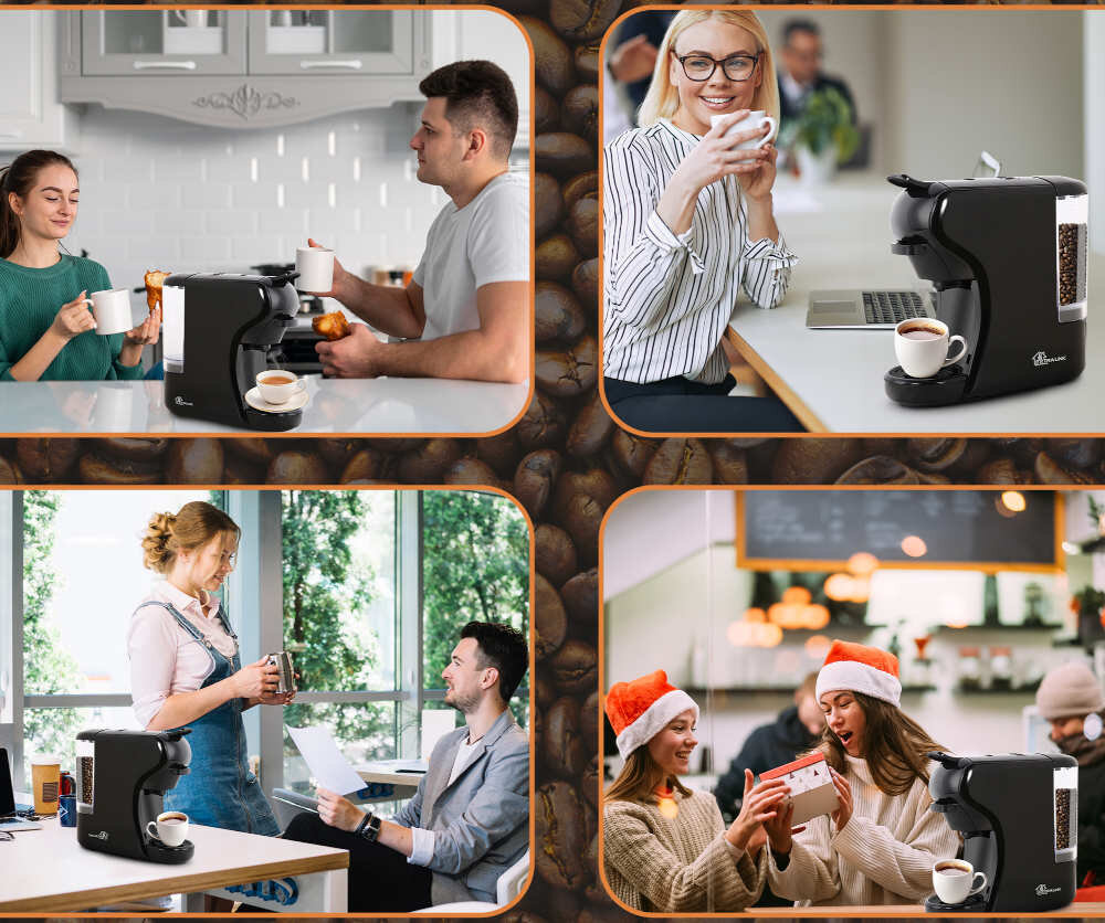 Ekspres EXTRALINK Home EX.38572 (3 systemy kapsułek) stylowy wygląd wymiary głębokość szerokość wysokość kolor kolorystyka Czarno-biała obudowa