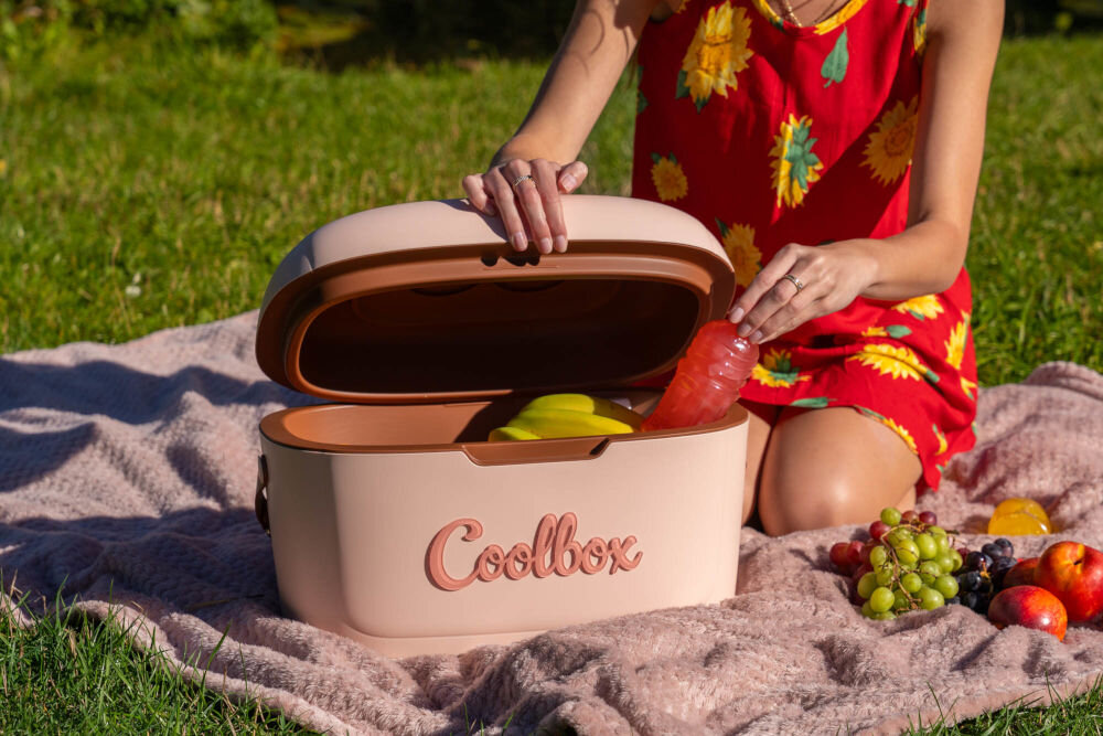 Lodówka turystyczna MILLA HOME TC300 Zbliżenie na wnętrze błękitnej lodówki pasywnej Coolbox z widocznymi owocami, jogurtem i napojem izotonicznym.