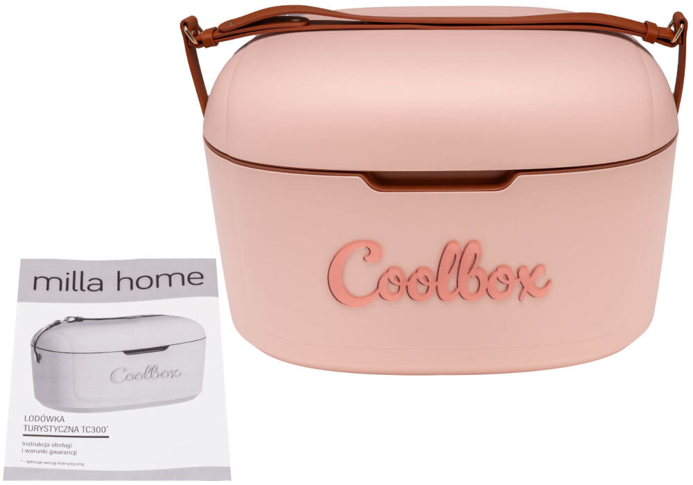 Lodówka turystyczna MILLA HOME TC300 Lodówka turystyczna Milla Home Coolbox TC300 w kolorze błękitno-różowym wraz z instrukcją obsługi na białym tle.