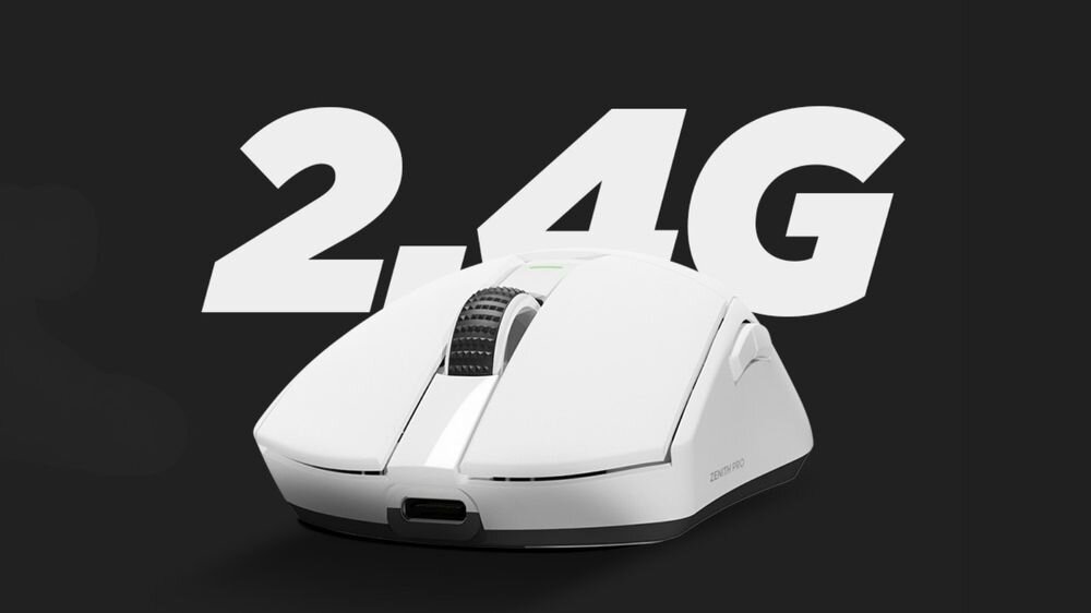 RAMPAGE Zenith Pro Bluetooth Nordic 5.2, trybu 2.4G oraz połączenia przewodowego Bluetooth 5.2 energooszczędne i stabilne połączenie szybkiego przełączania między trybami - mysz na ciemnym tle, za nią napis 2.4g