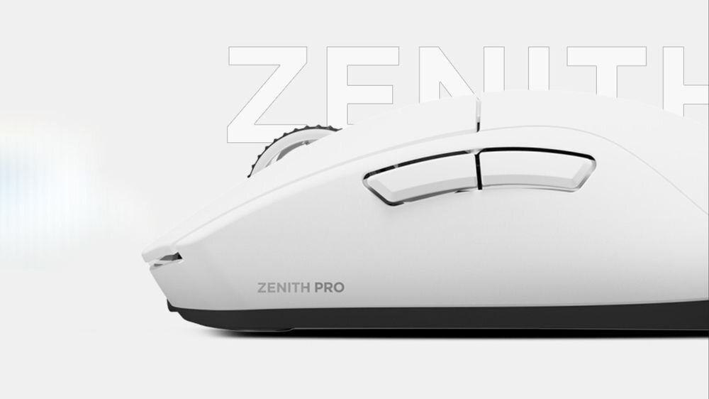 RAMPAGE Zenith Pro Waga 56 g wysoki komfort Ergonomiczny kształt precyzyjne sterowanie - mysz na jasnym tle, za nią nazwa zenith