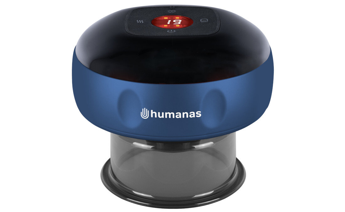 Masażer ręczny antycellulitowy HUMANAS BB01 Plus Niebieski Bańka masująca Biały Twoje domowe SPA chińska medycyna technologia temperatura 3 nasadki 12-stopniowa regulacja mocy Relaksuje mięśnie poprawia krążenie krwi ujędrnia skórę Pilot zdalnego sterowania akumulator 