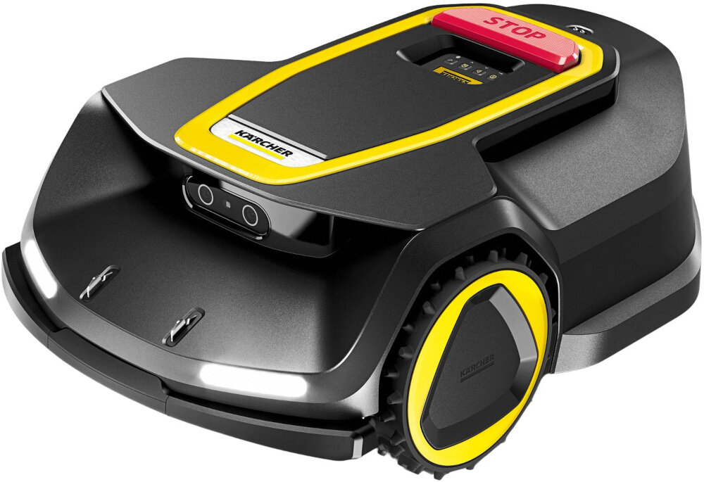 Robot koszący KARCHER RCX 6 1.269-760.0 sterowanie Wi-Fi-Bluetooth robot na białym tle widoczny od przodu pod skosem automatycznie pielęgnuje trawnik bez udziału użytkownika do ogrodów o powierzchni do 3000 m² automatyczne koszenie