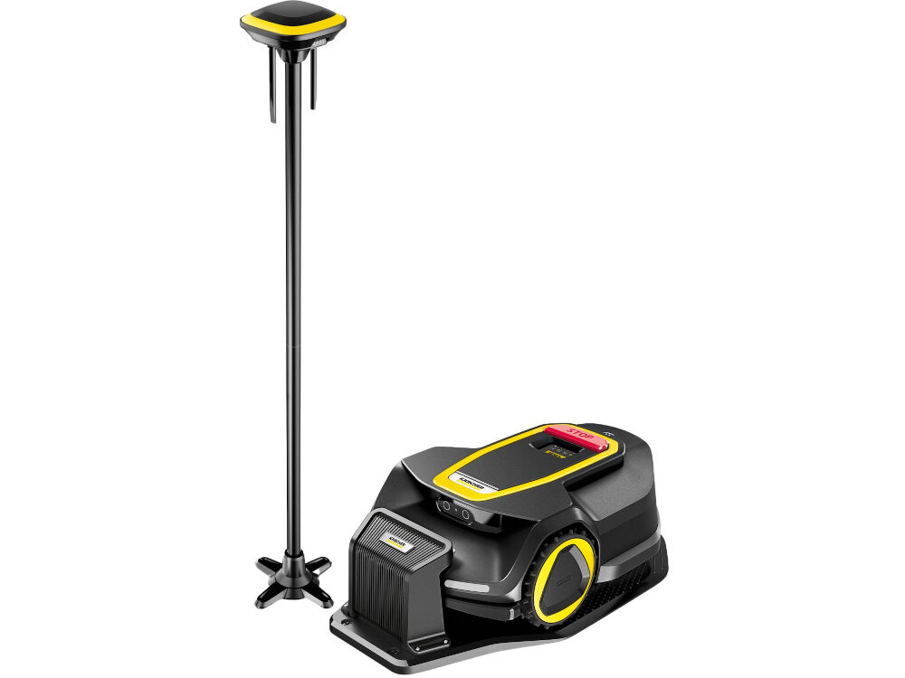 Robot koszący KARCHER RCX 6 1.269-760.0 sterowanie Wi-Fi-Bluetooth robot z antenom na białym tle nie wymaga przewodu ograniczającego komunikacja GPS antena RTK wyznaczany cyfrowo zdefiniować granice koszenia z poziomu aplikacji