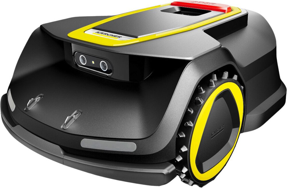 Robot koszący KARCHER RCX 6 1.269-760.0 sterowanie Wi-Fi-Bluetooth robot na białym tle widoczny od tyłu pod skosem tylne obrotowe koło 360° płynne manewry na ciasnych przestrzeniach delikatny precyzyjny przyjazny dla trawnika
