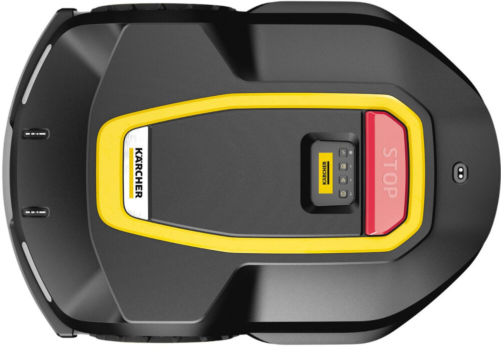 Robot koszący KARCHER RCX 6 1.269-760.0 sterowanie Wi-Fi-Bluetooth robot na białym tle widoczny od góry zakres wysokości koszenia od 2 do 10 cm ustawienie elektronicznie w aplikacji niezależnie dla każdej ze stref