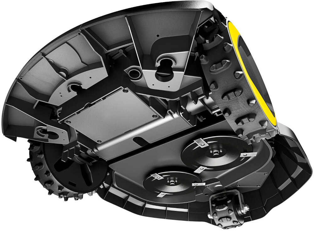 Robot koszący KARCHER RCX 6 1.269-760.0 sterowanie Wi-Fi-Bluetooth robot widoczny od spodu szerokość robocza 35 cm dwie tarcze z sześcioma ostrzami funkcja mulczowania czas pracy około 75 minut czas ładowania około 35 minut