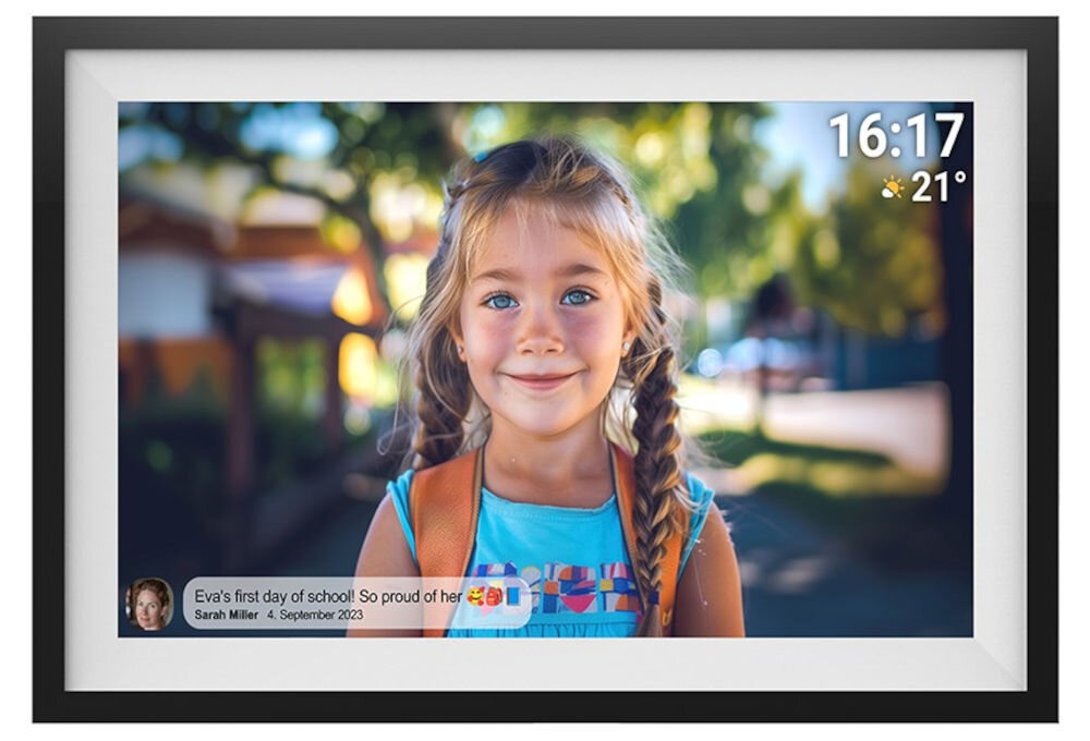 Ramka cyfrowa DENVER Frameo PFF-1516 Czarny prezentacja ramki ze zdjęciem i komentarzem do niej na białym tle od frontu