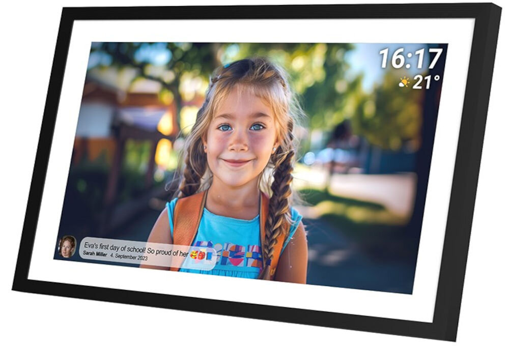 Ramka cyfrowa DENVER Frameo PFF-1516 Czarny prezentacja ramki ze zdjęciem i komentarzem do niej na białym tle pod kątem praktyczne urządzenie stylowy element wystroju 16 GB wbudowanej pamięci ekran Full HD centrum wspomnień